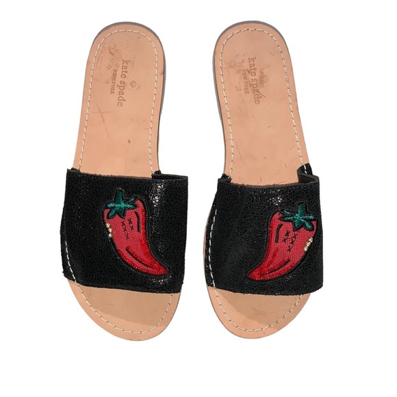 Kate Spade - Ixtapa Chili Pepper Slides, black w/embroidered chili peppers, 7.5 - Picture 10 of 10